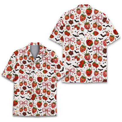 Matching family halloween hawaiian shirt with spooky strawberry design on white background, front view