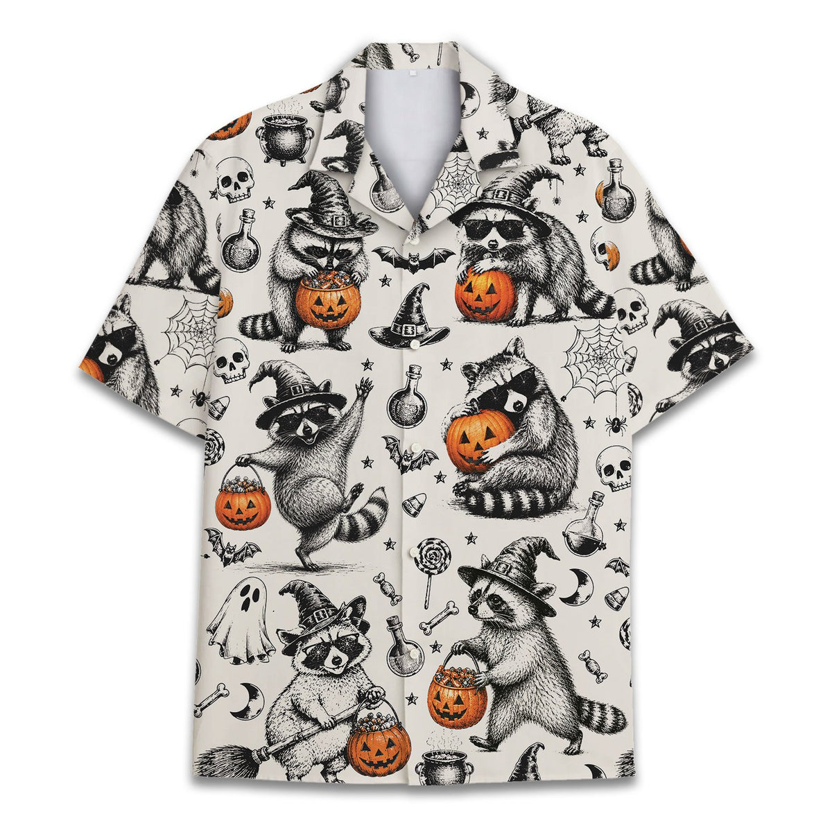 Matching family halloween hawaiian shirt featuring sketched witch raccoons, main view