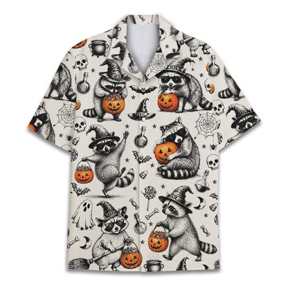Matching family halloween hawaiian shirt featuring sketched witch raccoons, main view