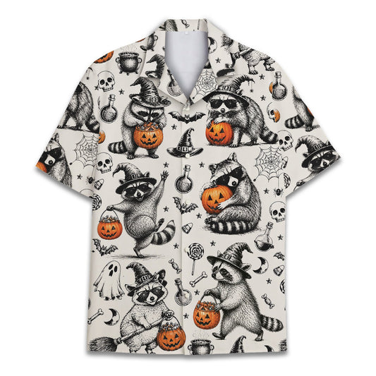 Matching family halloween hawaiian shirt featuring sketched witch raccoons, main view