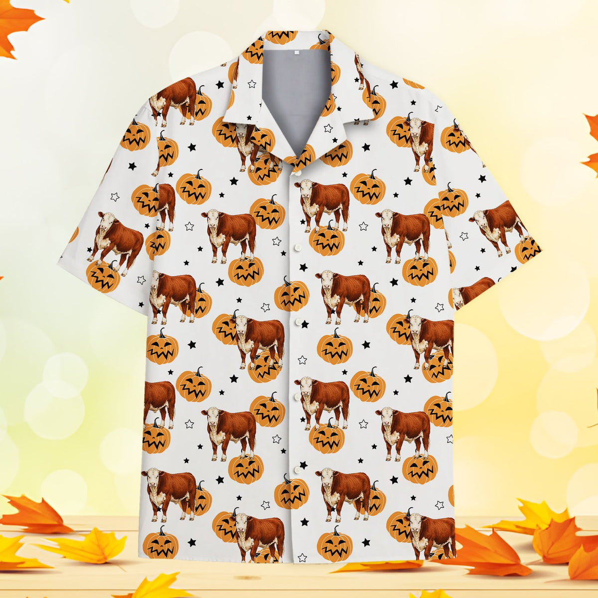 Front view of the white halloween hawaiian shirt with cow and pumpkin design