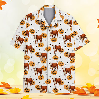 Front view of the white halloween hawaiian shirt with cow and pumpkin design
