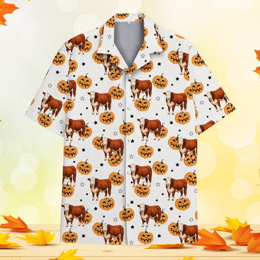 White halloween hawaiian shirt featuring cows and pumpkins, main view