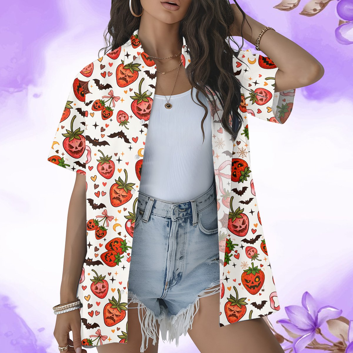 Lifestyle view showing the spooky strawberry halloween hawaiian shirt worn outdoors