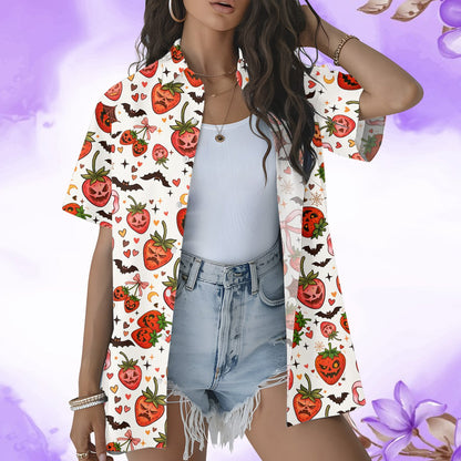 Lifestyle view showing the spooky strawberry halloween hawaiian shirt worn outdoors