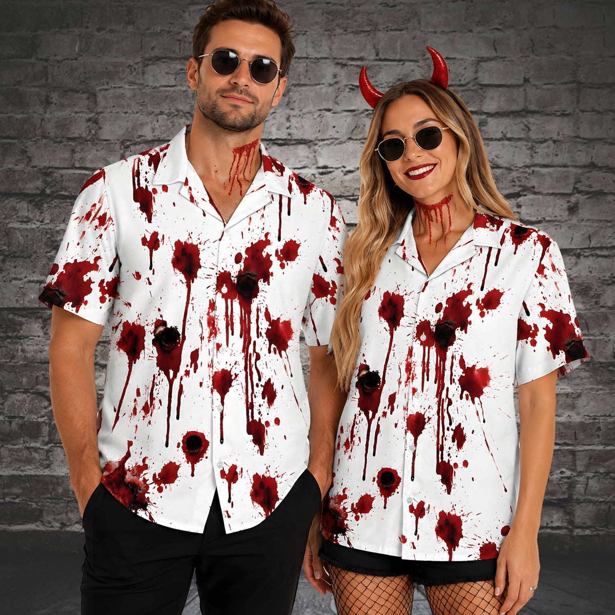 Lifestyle view of the horror themed halloween hawaiian shirt