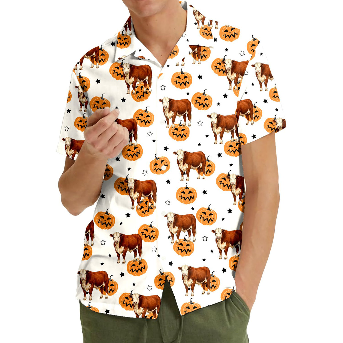 Third lifestyle view showcasing the cow and pumpkin pattern