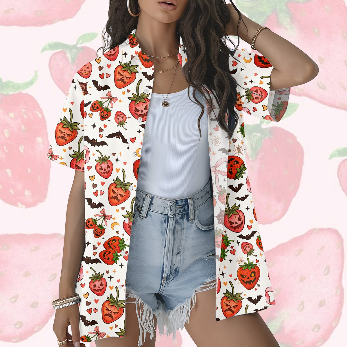 Lifestyle view highlighting the casual fit of the matching family halloween hawaiian shirt