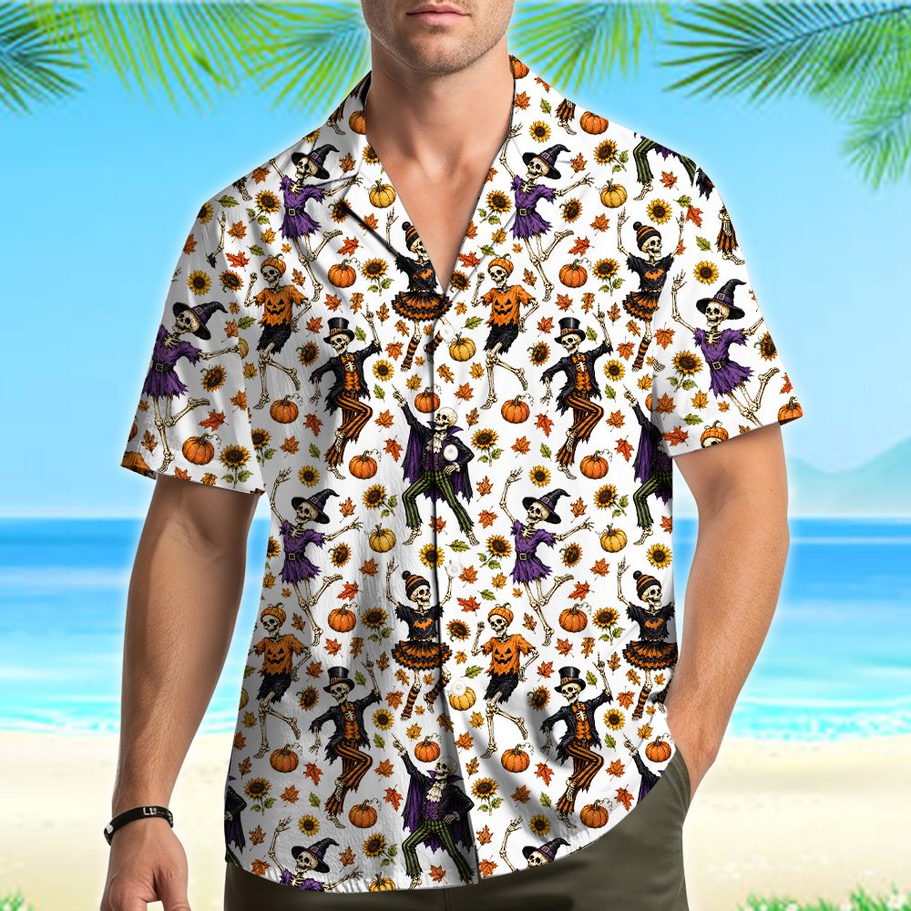 Lifestyle view of the halloween hawaiian shirt worn outdoors