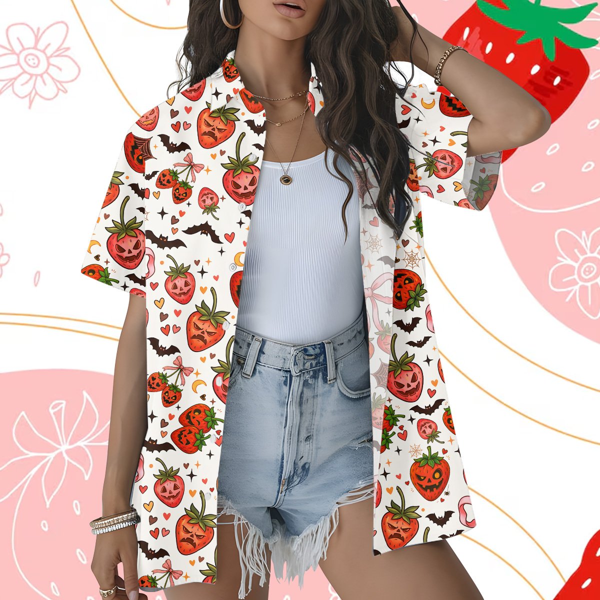 Lifestyle view of a family wearing the matching spooky strawberry halloween hawaiian shirts