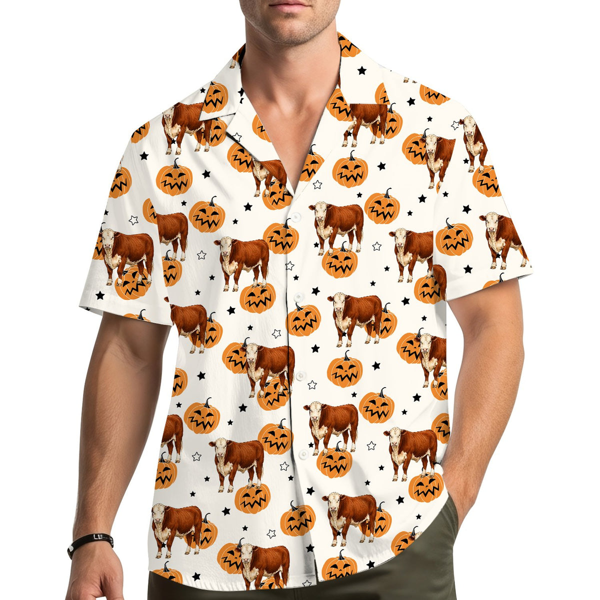 Lifestyle view of someone wearing the matching family halloween hawaiian shirt