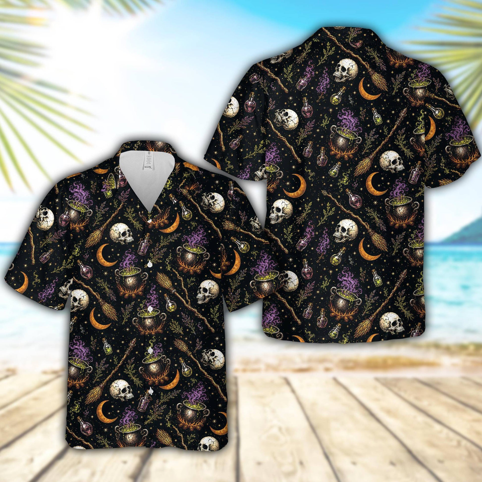 Matching family halloween witch hawaiian shirt with potions and cauldrons on black background, main view