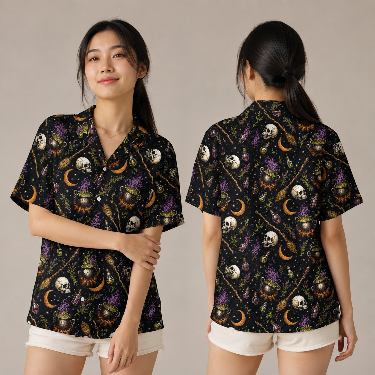 Lifestyle view showing the matching family hawaiian shirts in a halloween witch design