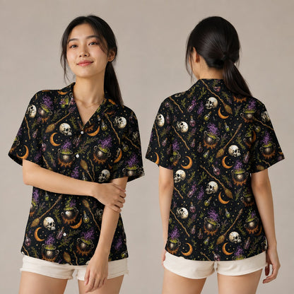 Lifestyle view showing the matching family hawaiian shirts in a halloween witch design