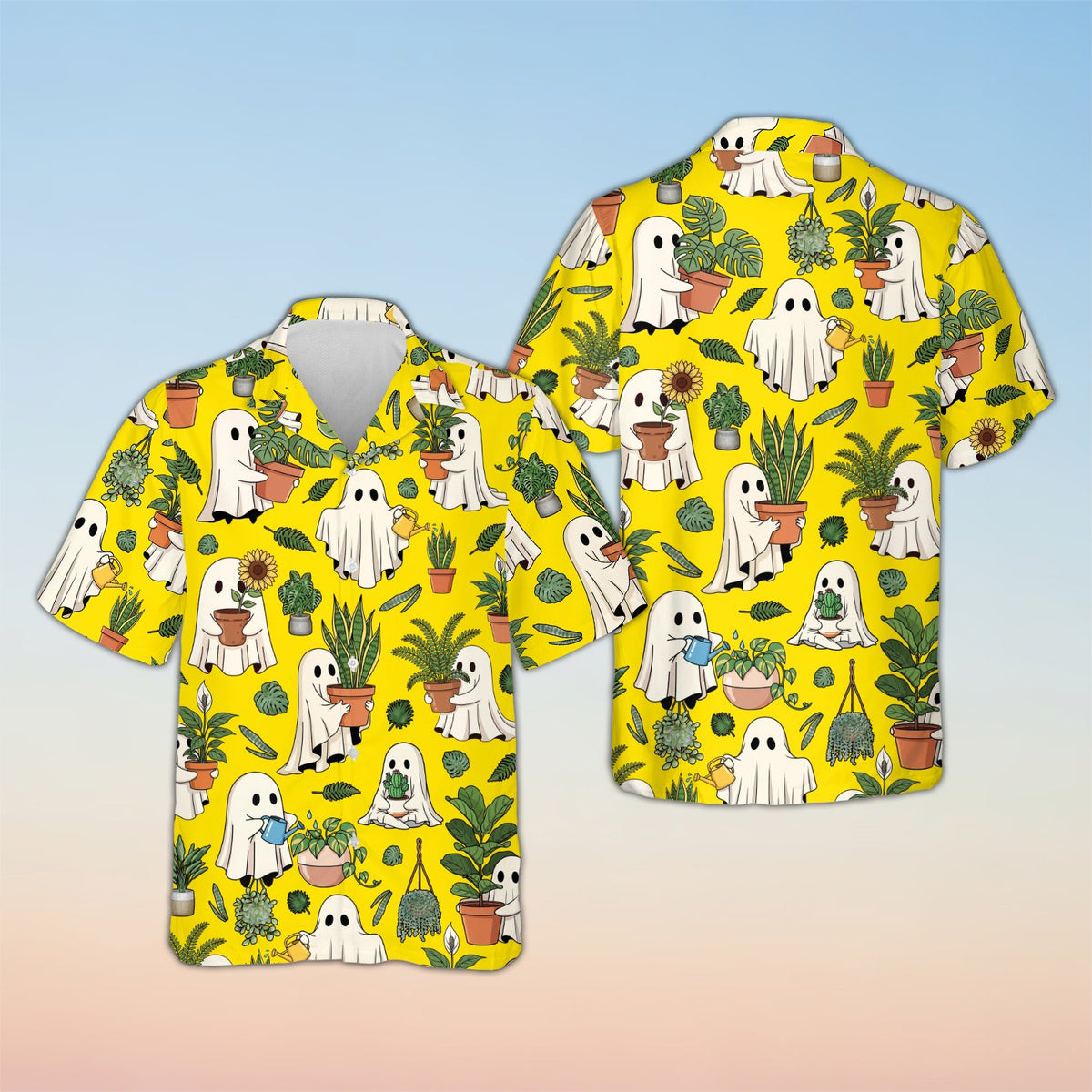 Matching family halloween hawaiian shirt with ghosts and plants, yellow background, front view