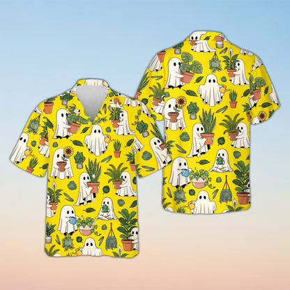 Matching family halloween hawaiian shirt with ghosts and plants, yellow background, front view
