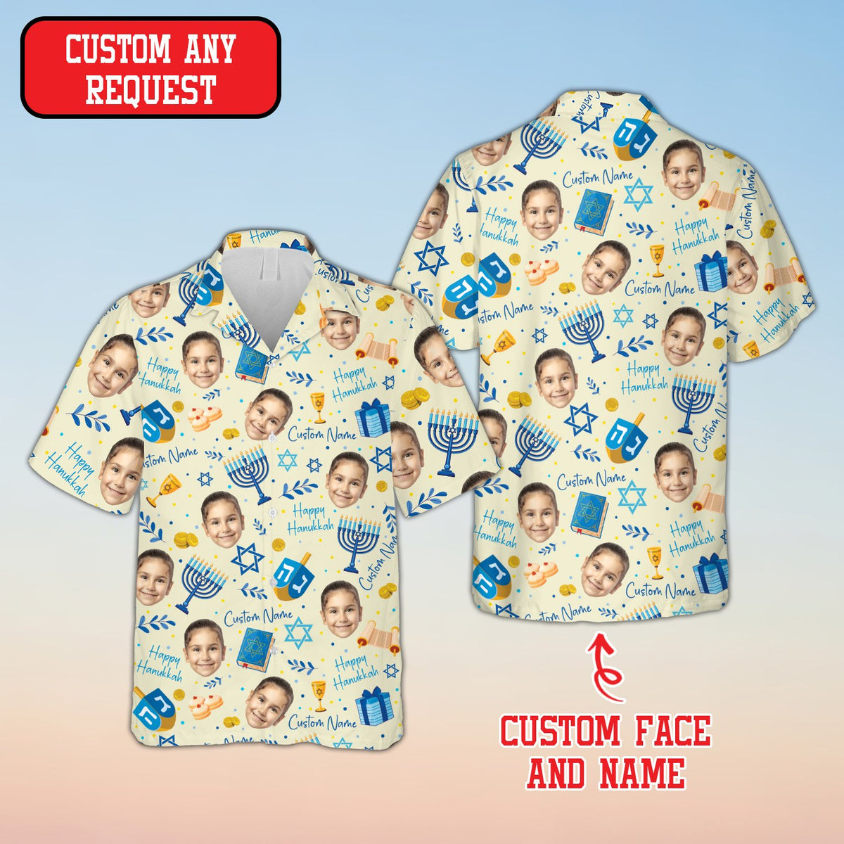 Beige hanukkah hawaiian shirt with custom face cutout front view