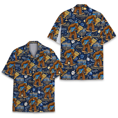 Front view of the Hanukkah bigfoot hawaiian shirt on a lighter blue background