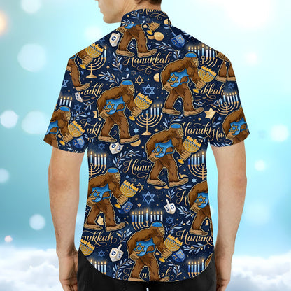 Back view of the multicolor Hanukkah bigfoot hawaiian shirt