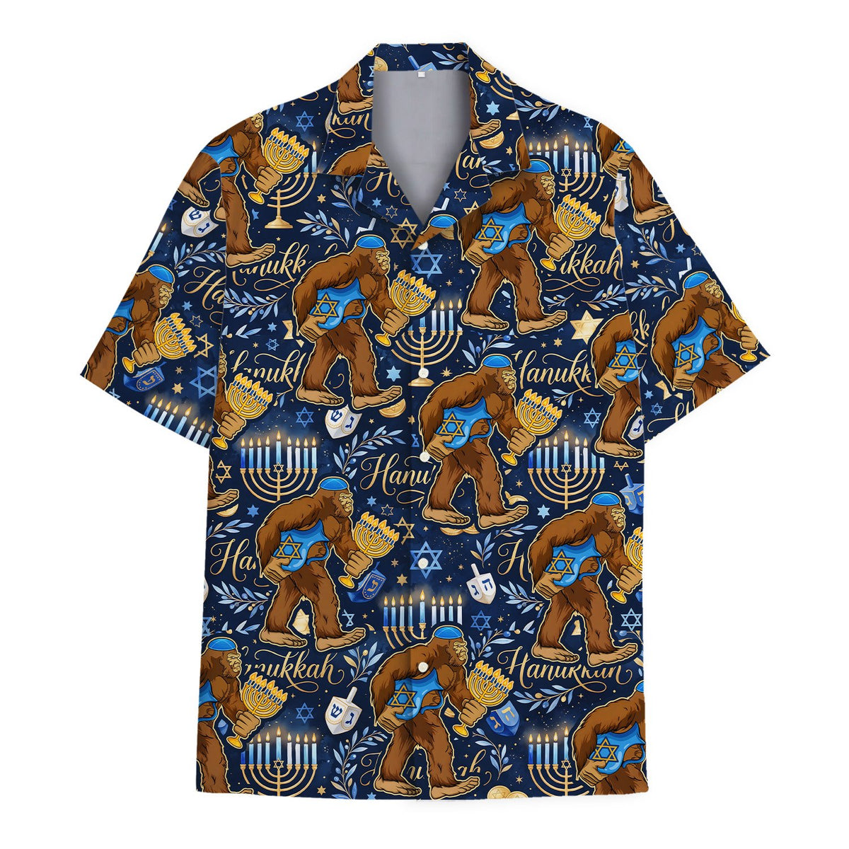 Front view displaying the multicolor dreidel and bigfoot holiday pattern