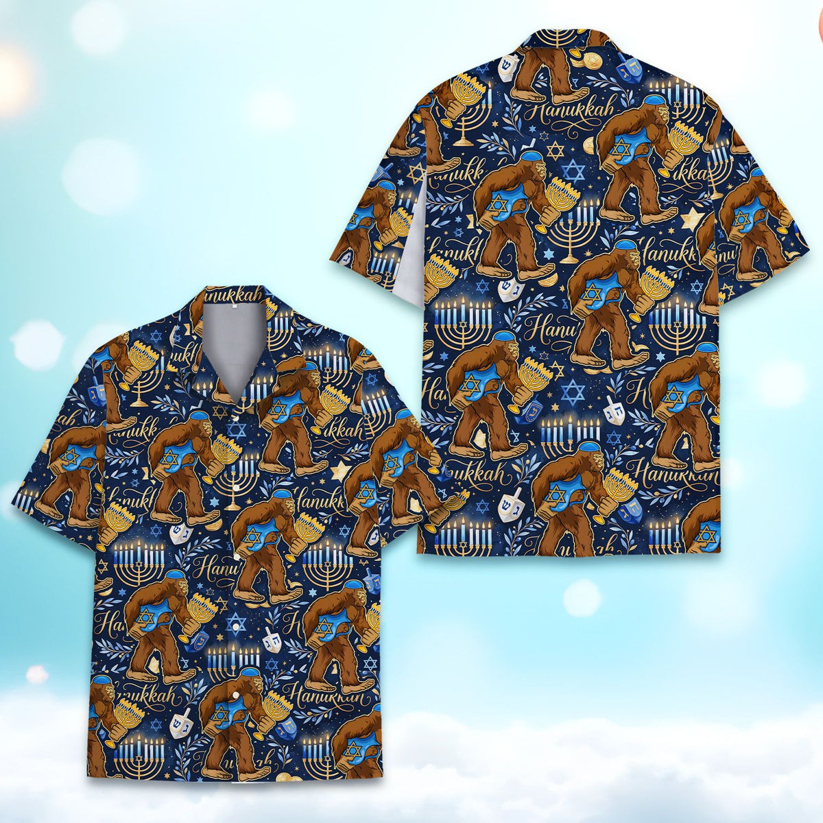 Main view of the Hanukkah bigfoot hawaiian shirt featuring a repeating pattern on navy blue