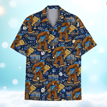 Front view of the navy blue matching family hawaiian shirt with bigfoot and menorah design