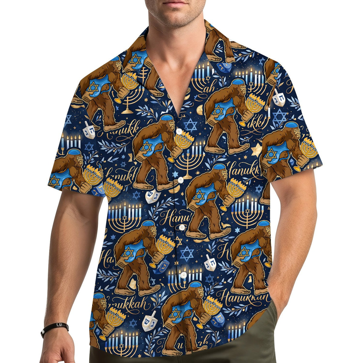 Third lifestyle view showing the navy blue bigfoot hawaiian shirt in a casual setting