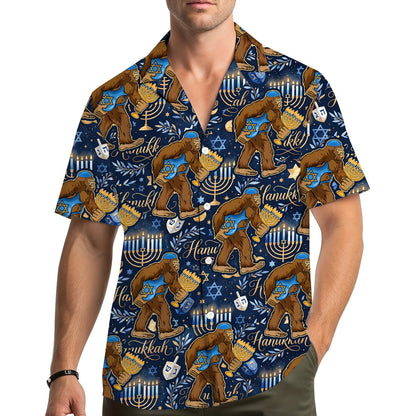 Third lifestyle view showing the navy blue bigfoot hawaiian shirt in a casual setting
