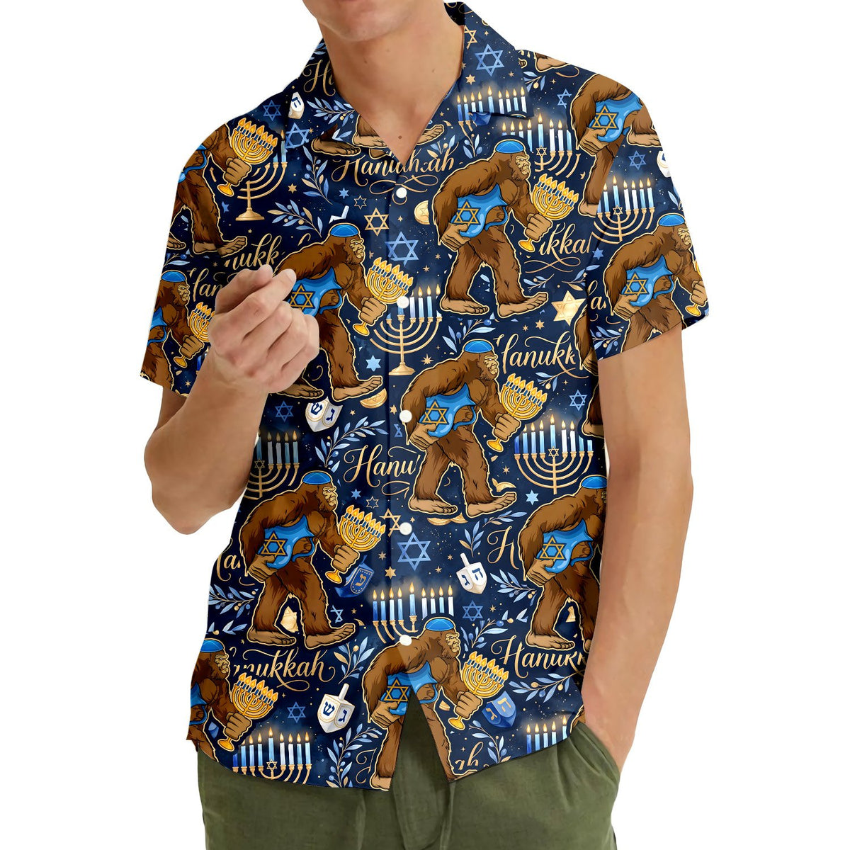 Lifestyle view of a person wearing the Hanukkah bigfoot hawaiian shirt