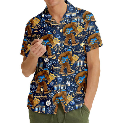 Lifestyle view of a person wearing the Hanukkah bigfoot hawaiian shirt