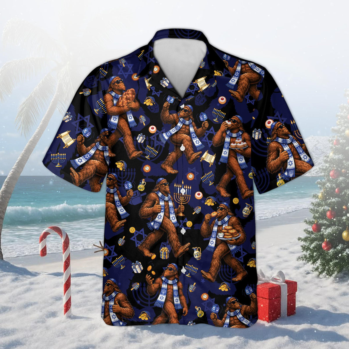 Black hanukkah hawaiian shirt with Bigfoot holding a menorah, front view