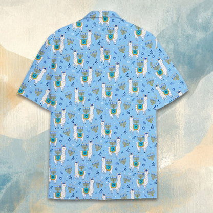 Back view of the matching family hawaiian shirt in light blue.