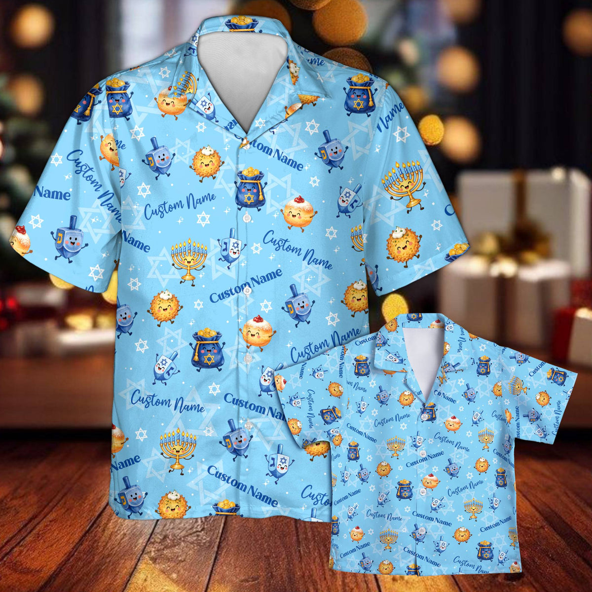 Light blue hanukkah hawaiian shirt with menorahs and dreidels on a matching family display