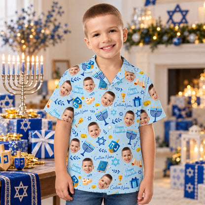 Matching family hanukkah hawaiian shirt with custom face and name, light blue front view