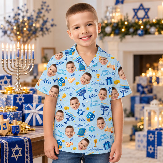 Matching family hanukkah hawaiian shirt with custom face and name, light blue front view