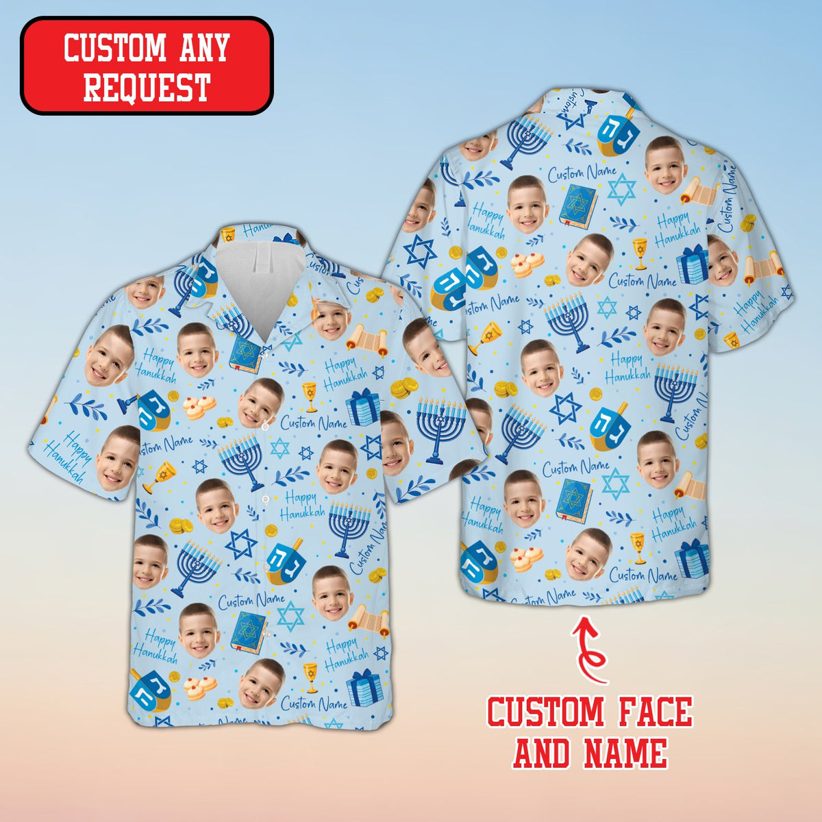 Light blue matching family hawaiian shirts featuring menorah and dreidel motifs front view
