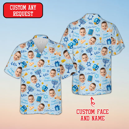 Light blue matching family hawaiian shirts featuring menorah and dreidel motifs front view