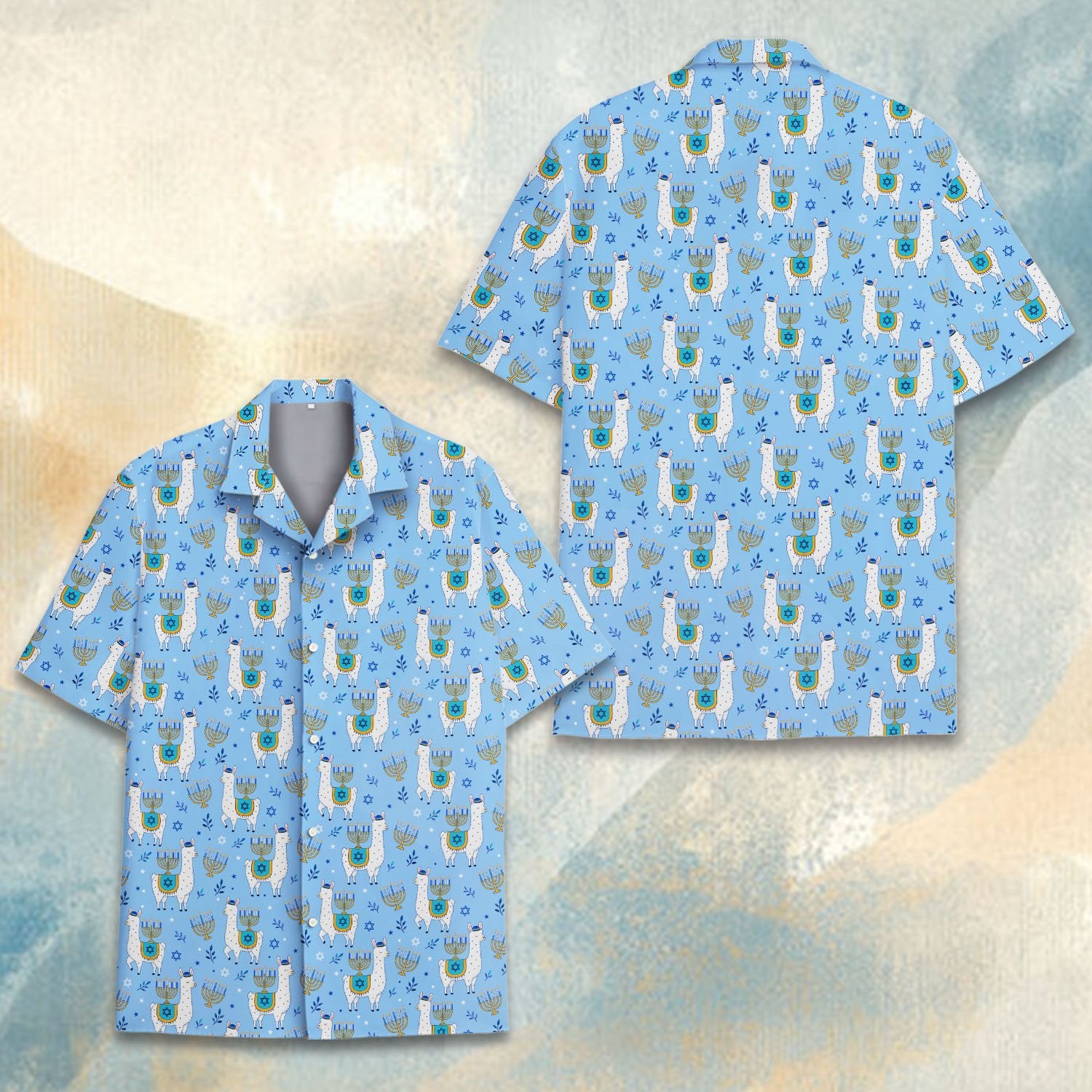 Detailed front view of the light blue hanukkah hawaiian shirt.
