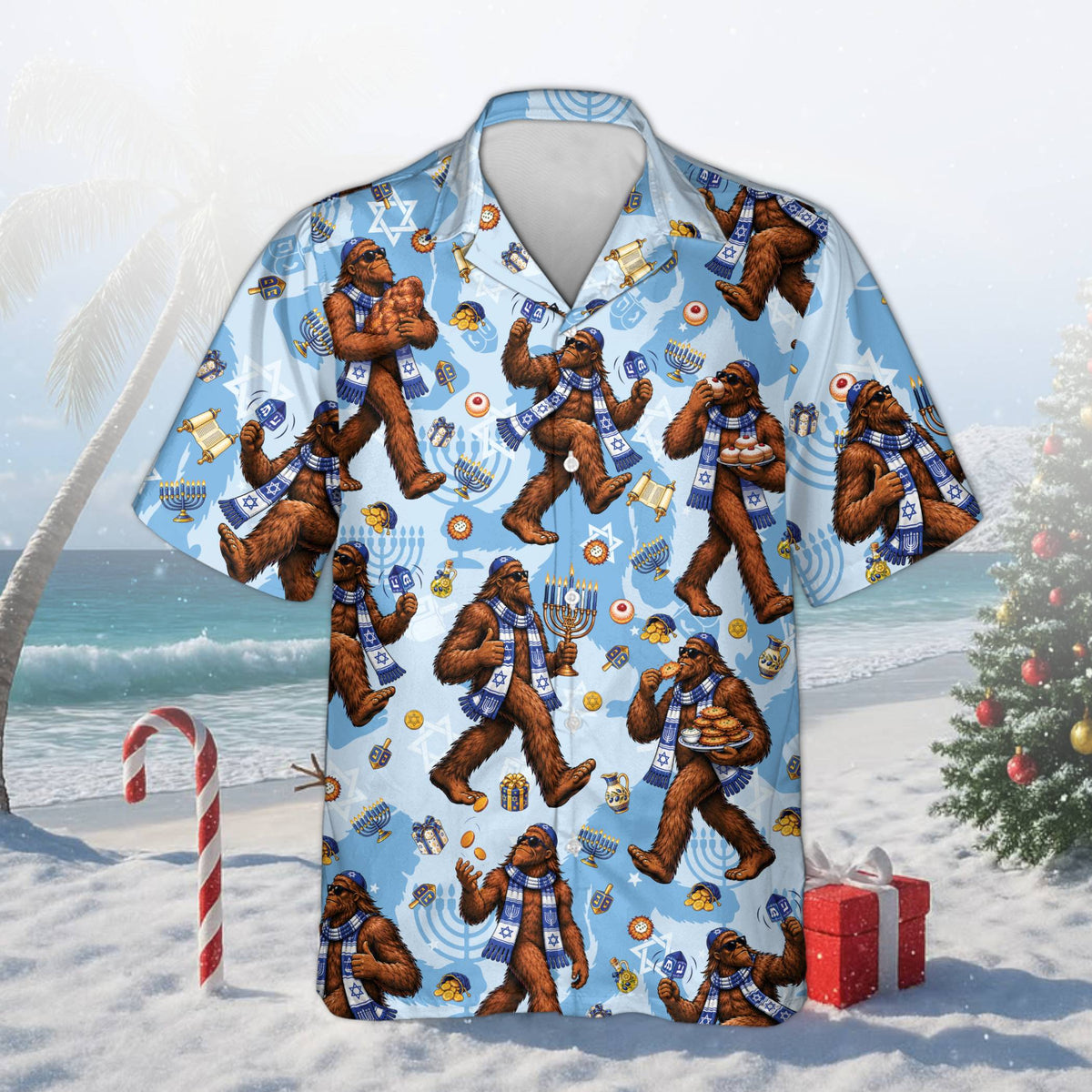Blue family hawaiian shirts with Bigfoot and dreidel pattern, front view