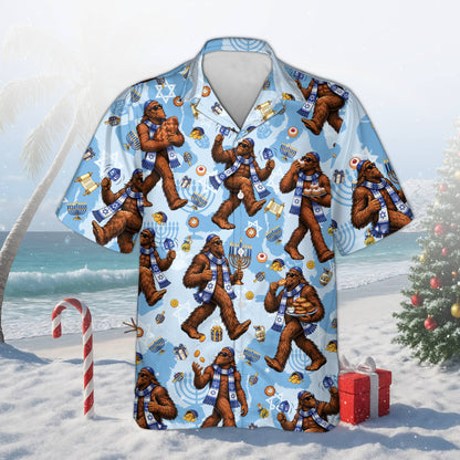 Blue family hawaiian shirts with Bigfoot and dreidel pattern, front view