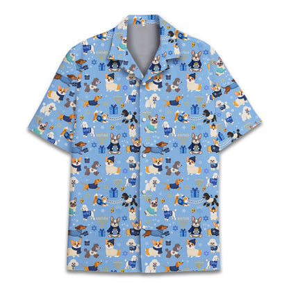 Back detail of light blue matching family hawaiian shirts