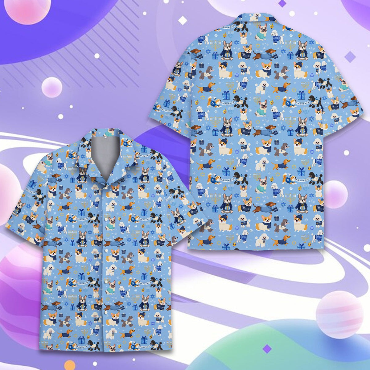 Front detail view of light blue Hanukkah dogs hawaiian shirt