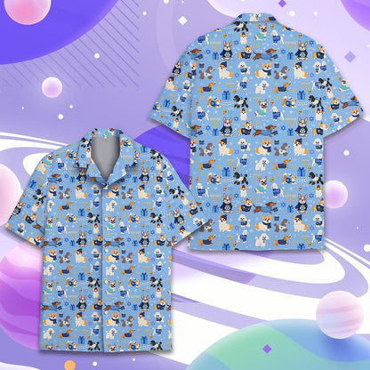 Front detail view of light blue Hanukkah dogs hawaiian shirt