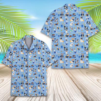 Another front view of the hanukkah hawaiian shirt with dogs and dreidels