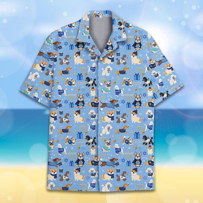 Front view of the light blue holiday hawaiian shirt