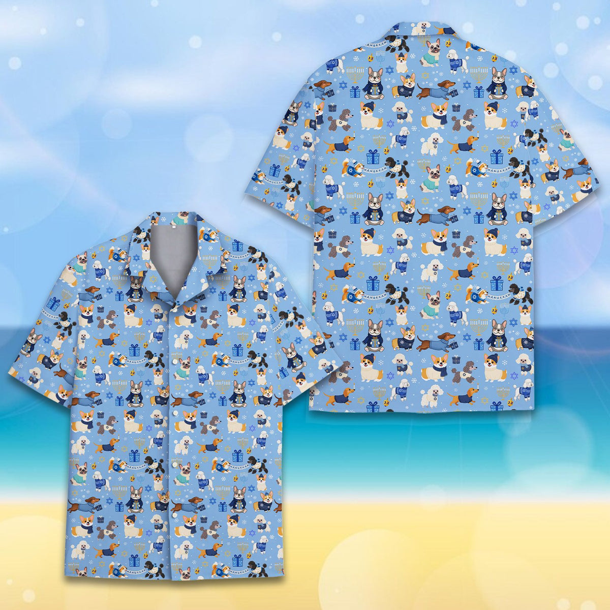 Front view of matching family hawaiian shirts featuring Hanukkah dogs