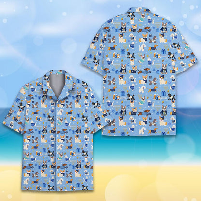 Front view of matching family hawaiian shirts featuring Hanukkah dogs