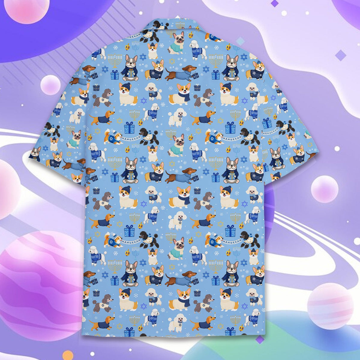 Back view of Hanukkah dogs hawaiian shirt showing the all-over print