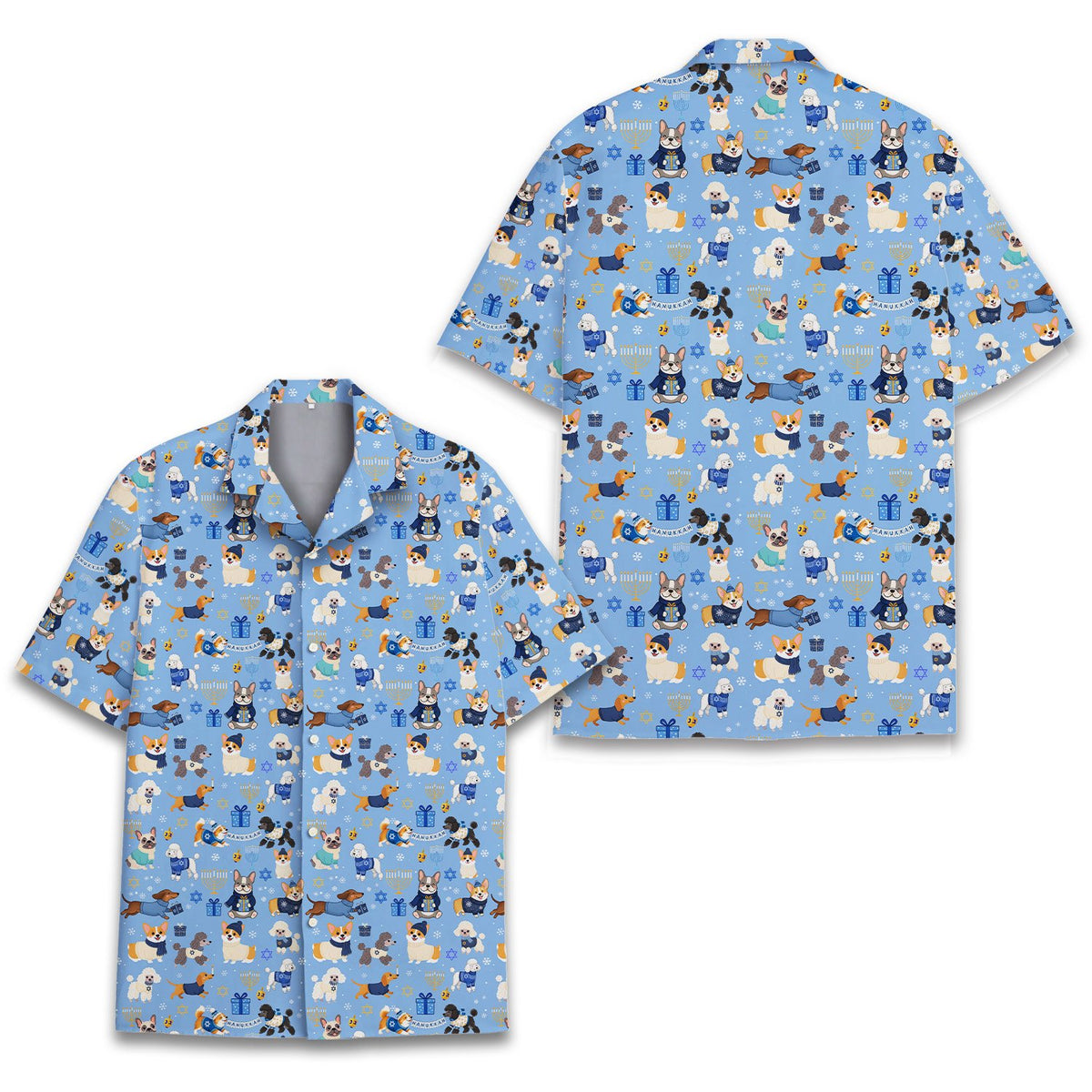 Front view of matching family hanukkah hawaiian shirt in multicolor