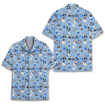 Front view of matching family hanukkah hawaiian shirt in multicolor